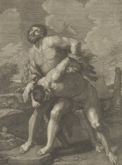 Hércules con piel de león luchando contra Aqueloo, un paisaje al fondo de Robert Hecquet