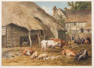 Una escena de granja con ganado y cerdos de Robert Hills