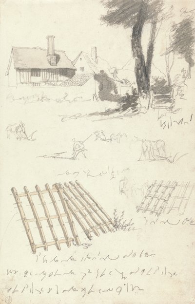 Estudios de granjas junto a una puerta, arado y gradas de Robert Hills