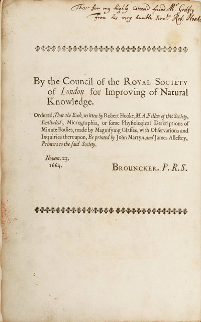 Página firmada de "Micrographia: o algunas descripciones fisiológicas de cuerpos diminutos hechas con lentes de aumento", 1665 de Robert Hooke