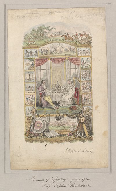 Diseño para la portada de los Anales de la Gaceta Deportiva y de Fantasía, Volumen 1 de Robert Isaac Cruikshank
