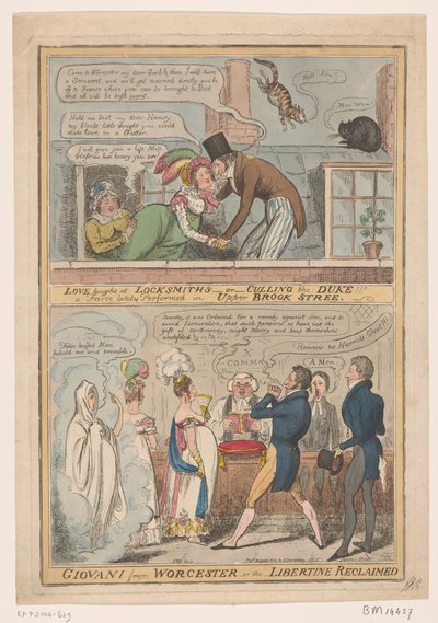 Spotprent sobre het huwelijk van de markies van Worcester y Anne Francis Culling Smith, 1822 El amor se ríe de los cerrajeros -o- sacrificando al duque!!! una farsa representada recientemente en Upper Brook Street / Giovani de Worcester -o- el libertino re de Robert Isaac Cruikshank