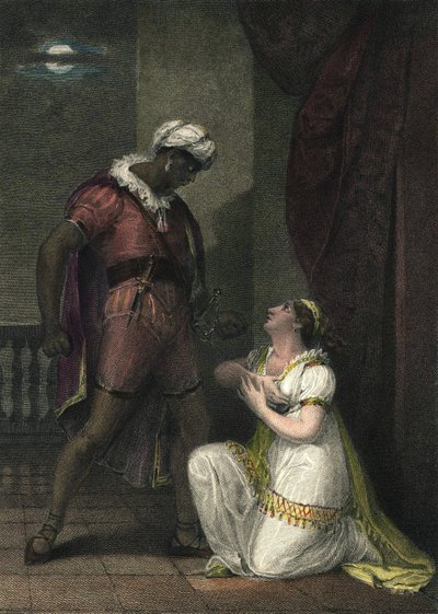 Otelo y Desdémona en Venecia. Ilustración para “Otelo” de William Shakespeare. Acto 4 escena 2. Grabado inglés de 1801 por R.K Porter de Robert Kerr Porter