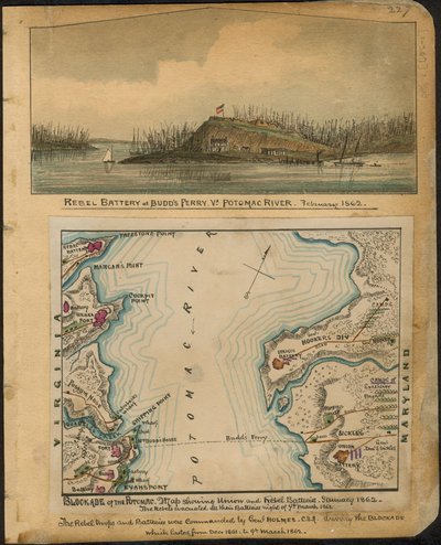 Bloqueo del Potomac. Mapa que muestra las baterías de la Unión y de los Rebeldes en enero de 1862. Los Rebeldes evacuaron todas sus baterías la noche del 4 de marzo de 1862. LOC gvhs01.vhs00066 de Robert Knox Sneden