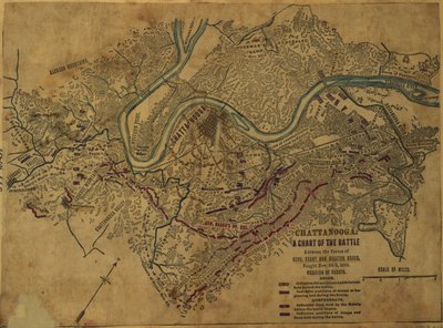 Chattanooga Un gráfico de la batalla entre las fuerzas de Gens. Grant y Braxton Bragg, librada del 24 al 5 de noviembre de 1863. LOC gvhs01.vhs00275 de Robert Knox Sneden