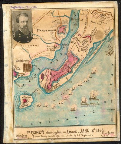Ft. Fisher shewing (sic) Union attack, Jany 15th 1865 De la encuesta realizada después de la rendición por los ingenieros de EE.UU.. LOC gvhs01.vhs00185 de Robert Knox Sneden