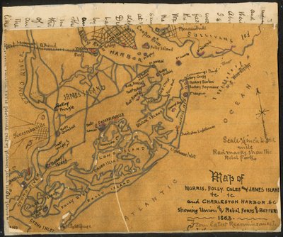 Mapa de Morris, Folly, Coles y James Island(s) etc., y Charleston Harbor S.C. mostrando (sic) fuertes y baterías de la Unión y Rebeldes, 1864. LOC gvhs01.vhs00184 de Robert Knox Sneden