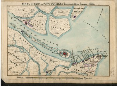 Mapa del sitio de Fort Pulaski - Río Savannah Georgia. 1862. LOC gvhs01.vhs00085 de Robert Knox Sneden