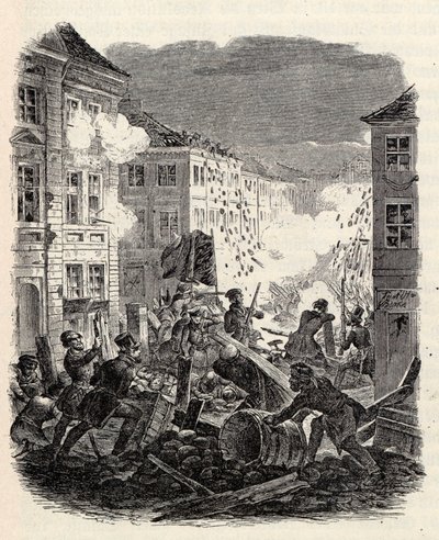 Lucha en la barricada en el Ayuntamiento de Cölln en Berlín en la noche del 18 al 19 de marzo de 1848 de Robert Kretschmer