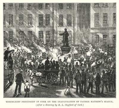 Procesión a la luz de las antorchas en Cork en la inauguración de la estatua del Padre Mathew (grabado) de Robert L. Stopford