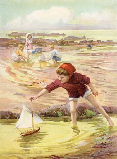 Su nuevo barco - niño jugando con un barco de juguete en la playa (litografía en color) de Robert Lillie