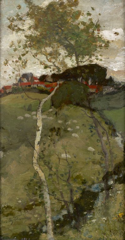 Village on a Hill - The Silver Birch (óleo sobre tabla) de Robert Macaulay Stevenson