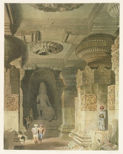 Interior del Templo de la Cueva de Indra Subba en Ellora, del Volumen II de Escenarios, Trajes y Arquitectura de la India, dibujado por David Roberts, grabado por Thomas Kearnan de Robert Melville Grindlay