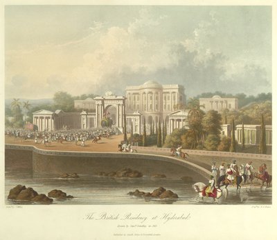 La residencia británica en Hyderabad, dibujada en 1813 de Robert Melville Grindlay