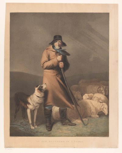 Pastor con su perro y oveja Un viejo pastor en una tormenta (título sobre el objeto) de Robert Mitchell Meadows