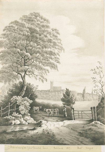 Wolverhampton - Vista distante desde Dunstall Lane: dibujo en sepia, 1837 de Robert Noyes