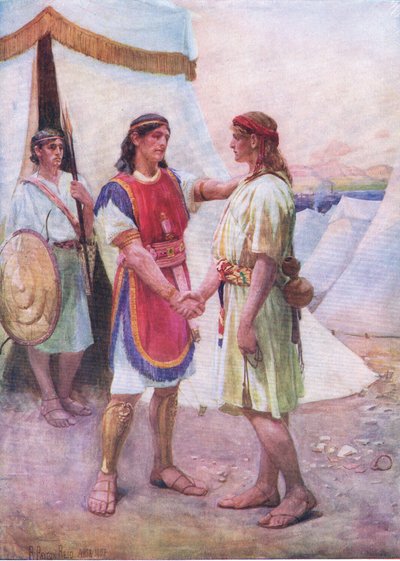 David y Jonatán, del Libro de imágenes de la Biblia publicado por Thomas Nelson, c.1950 de Robert Payton Reid