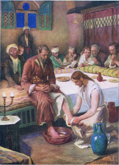 Jesús lavando los pies de los discípulos, de El Libro de Imágenes de la Biblia publicado por Thomas Nelson, c.1950 de Robert Payton Reid