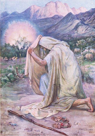 La zarza ardiente, de El Libro de Imágenes de la Biblia publicado por Thomas Nelson, c.1950 de Robert Payton Reid