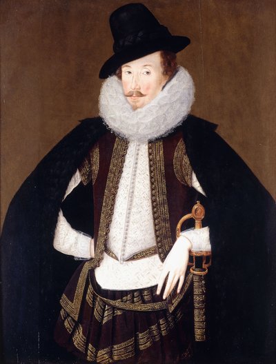 Retrato de Sir Charles Cornwallis, con una capa negra con ribete de piel, jubón blanco y chaleco bordado en oro marrón de Robert Peake
