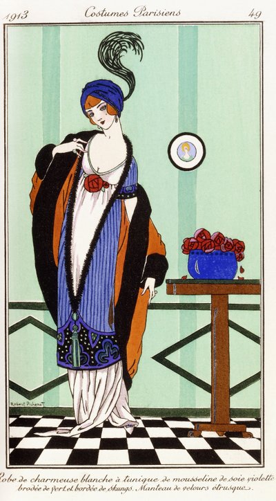 Ropa parisina: Bata de charmeuse blanca con túnica de seda bordada en violeta de Robert Pichenot