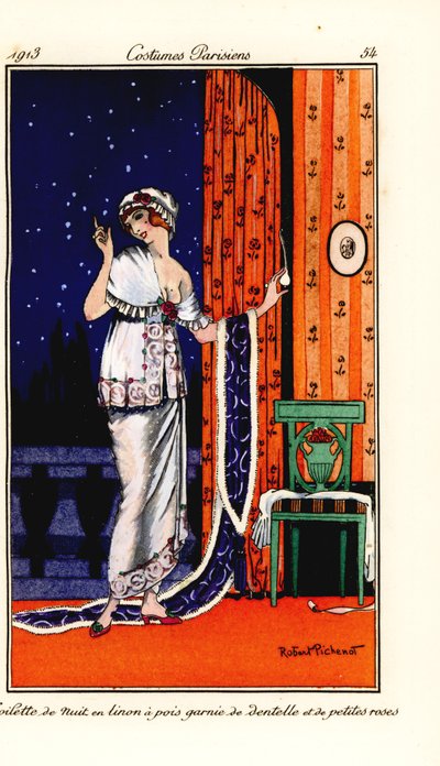Mujer en vestido de noche de lino con lunares decorado con encaje y rosas. Toilette de nuit en linon a pois garnie de dentelle et de petites roses de Robert Pichenot