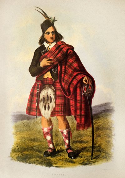 Un guerrero Fraser del clan escocés con falda escocesa - Litografía de Robert Ronald McIAN de "The Clans of The Scottish Highlands"" 1845 de Robert Ronald McIan