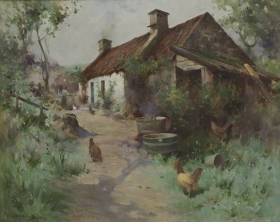 Choza con aves de corral (óleo sobre lienzo) de Robert Russell MacNee