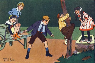 Un gato en el perchero. Grabado en "¿A qué jugamos?" por E. Weber con dibujos acuarelados de Robert Salles (1871-1929). Librería Garnier Frères, París de Robert Salles