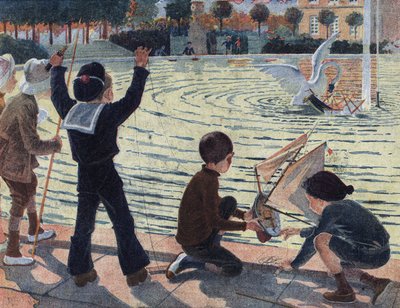 Un cisne ataca el bote de un niño que jugaba en el estanque de un parque con sus compañeros. Ilustración de Robert Salles (1871-1929) en “Yo sé Leer”. de Robert Salles