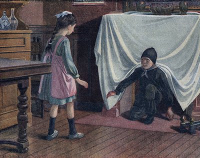 Un joven deshollinador cubierto de hollín sale de la chimenea cubierto por una sábana. Asusta a una niña que piensa que es el diablo. Ilustración de Robert Salles (1871-1929) en “Yo sé leer” de Robert Salles