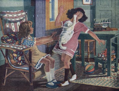 El gatito de Annette: un gato blanco araña la cara de una niña que juega con su amiga. Ilustración de Robert Salles (1871-1929) en “Yo sé Leer”. de Robert Salles