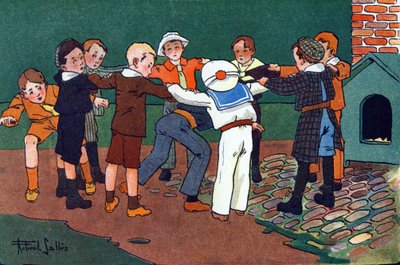 Gato y ratón. Grabado en "¿A qué jugamos?" de E. Weber con dibujos acuarelados de Robert Salles (1871-1929). Librería Garnier Freres, París. de Robert Salles