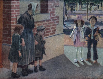 Caridad: una madre y sus dos hijos piden limosna a un niño y una niña en la calle que les darán sus ahorros y juguetes. Ilustración de Robert Salles (1871-1929) en “Yo sé Leer”. de Robert Salles