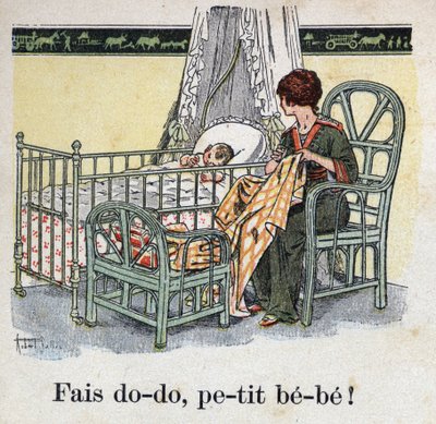 Libro infantil “Yo leeré - Alfabeto metódico y divertido por un papá” 1926. Ilustración de Robert Salles (1871-1929). “Duerme, bebé bebé!” Una madre cose en la habitación de su hijo esperando que su bebé duerma de Robert Salles