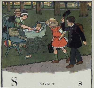 Libro infantil “Yo leeré - Alfabeto metódico y divertido por un papá” 1926. Ilustración de Robert Salles (1871-1929). Abecedario: letra S como Saludo. Un niño saluda a una pareja y su bebé levantando su gorra de Robert Salles