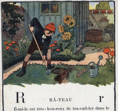 Libro infantil “Yo leeré - Alfabeto metódico y divertido por un papá” 1926. Ilustración de Robert Salles (1871-1929). Abecedario: letra R como Rastrillo. Un niño en el jardín de su casa de Robert Salles