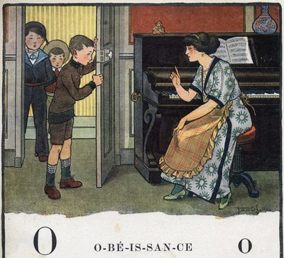 Libro infantil “Yo leeré - Alfabeto metódico y divertido por un papá” 1926. Ilustración de Robert Salles (1871-1929). Abecedario: letra O como Obediencia. Una madre regaña a sus hijos de Robert Salles