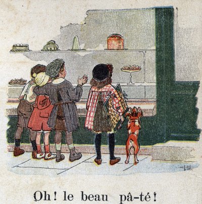 Libro infantil “Yo leeré - Alfabeto metódico y divertido por un papá” 1926. Ilustración de Robert Salles (1871-1929). “¡Oh! ¡La masa agradable!” . Niños golosos se detienen frente a una ventana de panadería. de Robert Salles
