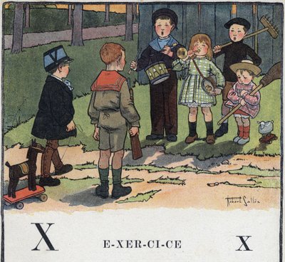 Libro infantil “Yo leeré - Alfabeto metódico y divertido por un papá” 1926. Ilustración de Robert Salles (1871-1929). Abecedario: letra X como Ejercicio. Niños juegan a lo militar. de Robert Salles