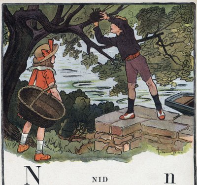 Libro infantil “Yo leeré - Alfabeto metódico y divertido por un papá” 1926. Abecedario: letra N como Nido. Un niño toma un nido construido en un árbol. de Robert Salles