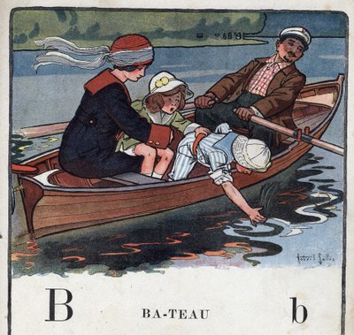 Libro infantil “Yo leeré - Alfabeto metódico y divertido por un papá” 1926. Abecedario: letra B como Barco. Una familia en un barco pasea. de Robert Salles