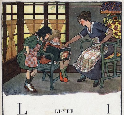 Libro infantil “Je lirai - Alphabet méthodique et amusant par un papa” 1926. Ilustración de Robert Salles (1871-1929). Abecedario: letra L como Libro. Una madre enseña a leer a su hija. de Robert Salles