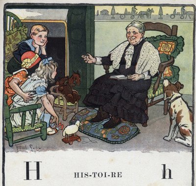 Libro infantil “Je lirai - Alphabet méthodique et amusant par un papa” 1926. Ilustración de Robert Salles (1871-1929). Abecedario: letra H como Historia. Una abuela cuenta historias a sus nietos cerca de la chimenea. de Robert Salles