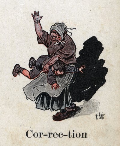 Libro infantil “Yo leeré - Alfabeto metódico y divertido por un papá” 1926. Ilustración de Robert Salles (1871-1929). “Corrección”. Castigo: una madre castiga a su hijo. de Robert Salles