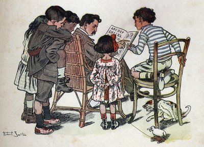 Libro infantil “Yo leeré - Alfabeto metódico y divertido por un papá” 1926. Ilustración de Robert Salles (1871-1929). Un padre de familia enseña a los niños a leer. de Robert Salles