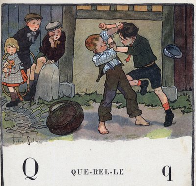 Libro infantil “Yo leeré - Alfabeto metódico y divertido por un papá” 1926. Ilustración de Robert Salles (1871-1929). Abecedario: letra Q como Querella. Dos niños pelean en el patio. de Robert Salles