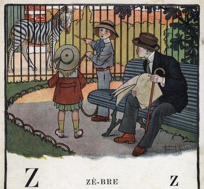 Libro infantil “Yo leeré - Alfabeto metódico y divertido por un papá” 1926. Ilustración de Robert Salles (1871-1929). Abecedario: letra Z como Cebra. Niños, con un aro, miran una cebra en un zoológico. de Robert Salles
