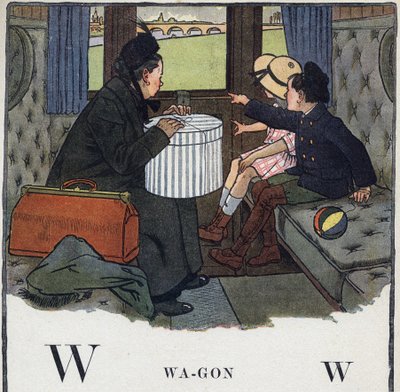 Libro infantil “Yo leeré - Alfabeto metódico y divertido por un papá” 1926. Ilustración de Robert Salles (1871-1929). Abecedario: letra W como Vagón. Dos niños con su madre viajan en un compartimento de tren. de Robert Salles