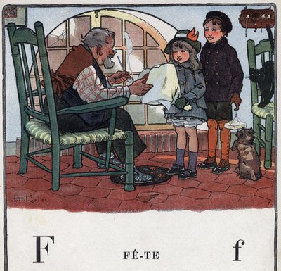 Libro infantil “Yo leeré - Alfabeto metódico y divertido por un papá” 1926. Ilustración de Robert Salles (1871-1929). Abecedario: letra F como Fiesta. Una niña y un niño ofrecen regalos para la fiesta de su abuelo. de Robert Salles
